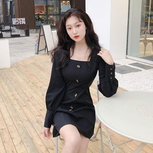 Casual Dresses 2022 Spring Women Square Collar Sexy Button Party Trendry Korean Mini Dress Female Elegant Classic Solid Long Sleeve Vestidos
