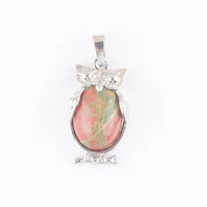 Natural Stone Unakite Jasper Tiny Owl Pendants Reiki Lucky Animal Cute Charm Jewelry for Women Man Gift N4665