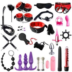 Seks Oyuncak Masajlar 25 PCS Kadınlar için Seks Oyuncaklar Kelepçeler Kelepçeleri Kırbaç Şaplak Silikon Metal Anal Fiş Butt BDSM Vibrator Bonaj Seti