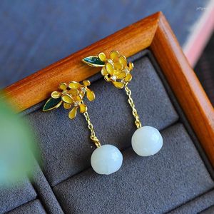 Dangle Earrings Original Design Inlaid Natural Hetian Jade Osmanthus Long Chinese Style Classical Exquisite Women's Jewelry