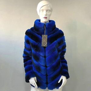 Women's Fur Royal Blue Natural Rex Coat Stand Collar Medium Length Whole Skin Genuine Jacket Trendy Overcoats