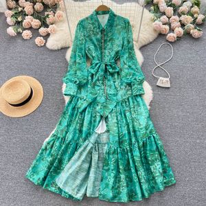 New Casual Women Dresses Summer Floral Print Slim Full Lady Dress A Line Chiffon Turndown Collar Single Breasted 2023