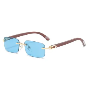 Óculos de sol de madeira para homens mulheres moda óculos de sol Luxury designer vintage retro de madeira de sol dos óculos retângulo Rimless Frame Bloqueador UV Pesca e esportes ao ar livre