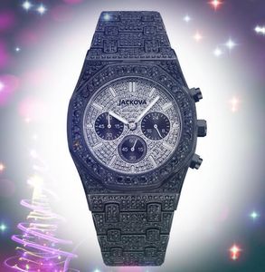 Ice Out Bling Full Diamonds Ring Watch 43mm Hip Hop todos os mostradores de trabalho Working Working Mens Relógios Stopwatch Stopwatch Aço inoxidável