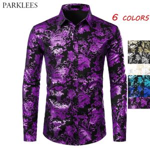 Men's Casual Shirts Purple s Floral Bronzing Shiny Flower Luxury Fashion Party Dress Club Camisa Masculina 220902