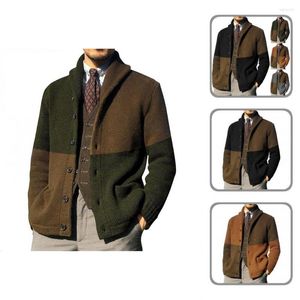 Men's Sweaters Color Block Lapel Sweater Coat Men Knitwear Pockets