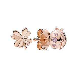 Rose Gold Clover och Ladybird Stud ￶rh￤ngen Kvinnor Girls Party Jewelry with Original Box f￶r Pandora Real Sterling Silver Girl Girl Gift Earring Set