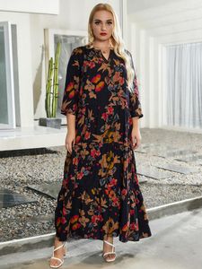 Abiti taglie forti Stampa di moda Abito bohémien con scollo a V Manica a tre quarti Casual Allentato Vita alta Maxi 2022 Autunno Abbigliamento femminile