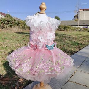 Ubrania z odzieży dla psa drobna łuk różowy motyl haftowy kwiat koronkowe sukienki ślubne na małe średnie ubrania szczeniaka płaszcze pudle