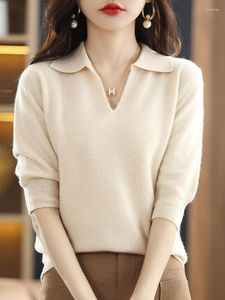 Damenpullover Koreanische Frauen gestrickte Top Frühling Herbst Revers Pullover Fünf-Punkt-Ärmel lose Pullover Bottoming