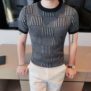 Crewneck Sweater Men's Autumn Slim Striped Short Sleeve Pullover Hip Hop Couple Casual Print Sweater S-4XL