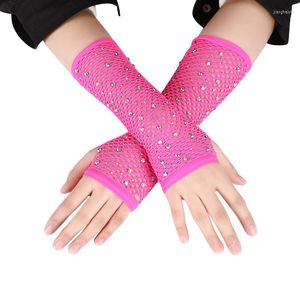 Knee Pads Sexy Mesh Gloves With Colored Flash Diamonds Women's Arm Warmers Bungee Stage Performance Hollow Fishing Net Punk Hiphop