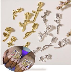 Nail Art Decorations stcs Long Flowers d Bling Rose Accessoires Charms Studs Manicure Gold Sliver Blooms Nailart Supply