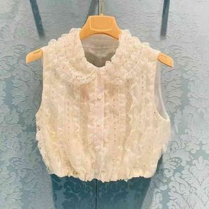 Casual Dresses Spring and summer new style baby collar shirt lace short sleeveless heavy industry diamond Organza women