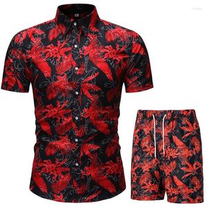 Erkeklerin Trailtsuits Erkekler Erkekler Ofis Sıkıştırma Set Çiçek Yaprağı Baskılı Hawaii Tatil Plajı Kıyafetleri Şık Kısa Kollu Düğme Aşağı T-Shirts