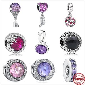 925 Silver Charm Beads Dingle New Balloon House Owl Flower Pink Purple Zircon Bead Fit Pandora Charms Armband DIY smycken Tillbehör