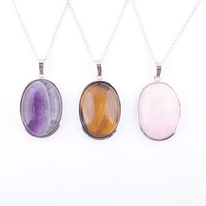 Natural Stone Dangle Pendants Oval Bead for Necklace Jewelry Making Amethysts Tigers Eye Agates Opal Jewelry Gift Chain 45cm BN319