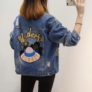 Women's Jackets Sequins Cartoon Denim Jacket Women Jean Long Sleeve Turn Down Collar Hole Coat Loose Outwear Fashion Autumn