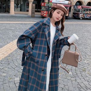 Damengrabenschichten Blau Plaid Coat G￼rtel 2022 Herbst Frauen koreanische losen Gitter Windbrecher Damen Doppelreihe Britisch-lange ￜberw￤sche