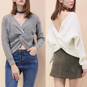 Kobiety Sweters Seksowne solidne kolory V skręcony węzeł w szyi Sweter Kobiety swetra z długim rękawem Pullover jeden rozmiar luźne ciepło