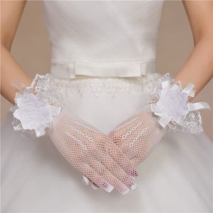 Brudhandskar bröllopsklänning kort spetsblomma båge hög elastisk stickad vit röd näthandskar i lager
