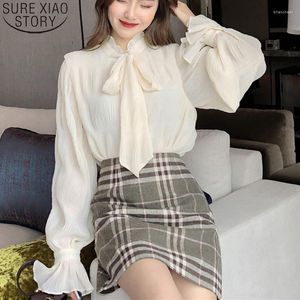 Women's Blouses Korean Fashion Puff Sleeve Elegant Shirts 2022 Spring Sweet Bow Tie Chiffon Blouse Pleated Clothes Women Tops Mujer 18614