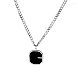 Chains 316L Stainless Steel Female Square Letter Necklace Simple Design Temperament INS Vintage Thai Silver Black Agate Clavicle Chain