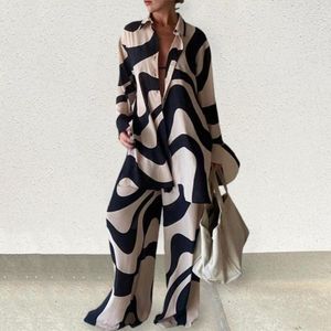 Women's Two Piece Pants 2 Pcs/Set Women Outfit Oversized Long Sleeves Summer Stripe Print Contrast Color Tops Set