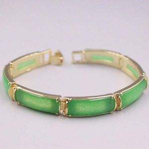 Elegant Rectangle Green Jade Bracelet Bead With Yellow Gold Plated Link 7.25"