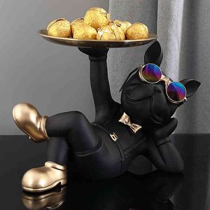 Decorative Objects Figurines French Bulldog Home Room Decoration Dog Statue Desk Decoration Decorative Stainless Steel Tray Animal Figurines Table Decor T220902