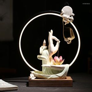 Fragrance Lamps Buddha Hand Backflow Incense Burner With Led Light Smoke Waterfall Sticks Holder 20 Pcs Cone Home Decor Porcelain Censer