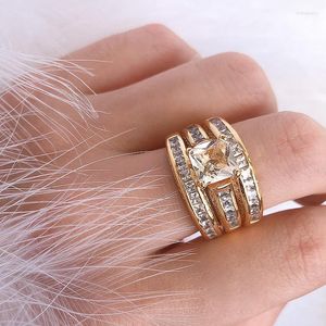 Cluster Rings Three-piece Suit 14K Gold Wedding Diamond Ring Set For Women Anillos Gemstone Fine Jewelry Luxury