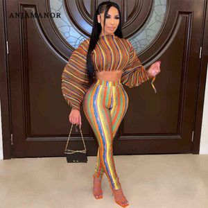 Women's Two Piece Pants ANJAMANOR Striped Print Lantern Sleeve Two Piece Set Women Top and Pants Matching Sets Sexy Woman Fall Clothes Outfits D26-DH45 T220902