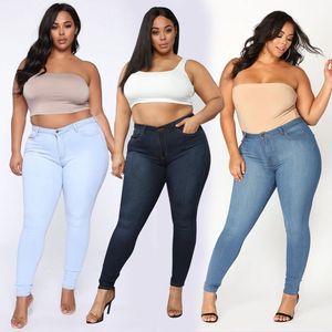 Plusstorlek kvinnor mager jeans hög midja stretch smal denim rumpa lift blyertsbyxor