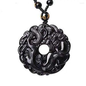 Подвесные ожерелья искренний натуральный черный обсидиан круглый резьба пи -си мощный кристалл для ювелирных изделий.
