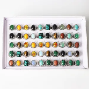 Men Vintage Multicolor Natural Stone Antieke zilveren ringen Mix Agate Malachite Tigereye Style for Women Fashion Jewelry Party