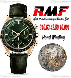 RMF Moonwatch Moonshine Manuel Kurmalı Kronograf Erkek Saat 2022 18K Sarı Altın Yeşil Kadran Kauçuk 310.63.42.50.10.001 Apollo 11 50th Anniversary Edition Puretime A1