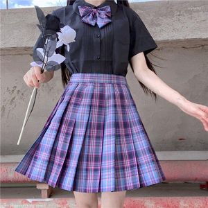 Zestawy odzieży fioletowe plisowane kratę spódnica letnia dziewczyna w wysokiej talii moda harajuku japońska korea urocza seksowna mini a-line spódnice anime cosplay