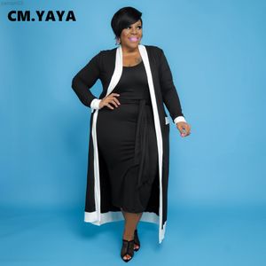 Women's Plus Size träningsoveraller Cm. Yaya Kvinnor Plus Size Set Patchwork Helärmad Lång jacka O-halsbandage Spets Lång Klänning Två 2-delade set Outfit Summer L220905