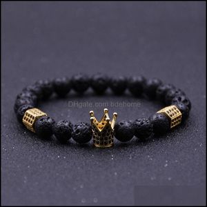 Beaded Strands Imperial Crown Stoppers Armband Black Lava Stone Natural Beads Armband For Women Men smycken Pseras DHSeller2010 DHO1R