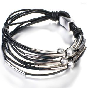 Bracelets de charme Allyes Metal Tube Breads Bracelet for Women Moda Moda Majudes Multilamadas Bulbões de Couro