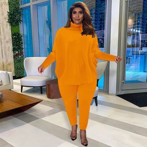 Kadınlar Artı Boyut Trailsuits Plus Boyut Kadın Giyim İki Parça Setleri Sıradan Düz Renk Batwing Sleeve Split Çatal Gevşek Üst Moda Pantolon Fit Toptan L220905