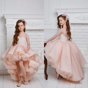 Blush Pink Flower Girl Dresses For Wedding High Low Poaded Long Sleeve Pageant -klänningar för Photoshoot Tulle First Communion Dress
