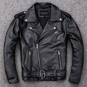 Men's Leather Faux Spring Classical Motorcycle oblique zipper Jackets Men Natural Calf Skin Thick Slim Cowhide Moto man 220905