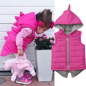 Weste Winter Warme Kinder Baby Mädchen Dinosaurier Baumwolle Gepolsterte Weste Jacke Solide Ärmellos Mit Kapuze Outwear Zipper Weste 6M-5Y 220905