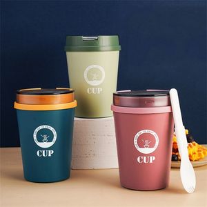 Drinkware Breakfast Cup with Lid and Spoon Soup Porridge Cups 500ml Can Be Microwaved and Sealed Portable Mini Lunch Box Office Worker 20220905 E3