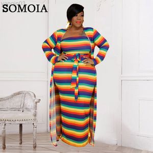 Women's Plus Size Tracksuits Plus Size Women Clothing Lounge Casual Two Piece Set Long Coat And Packed Chest Dress High Stretchy Rainbow Striped Sets L220905