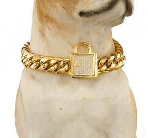 Chain Top fashion Gold Tone Curb Cuban Pet Link Stainless Steel CZ Clasp Dog Collar Wholesale Pet Necklaces