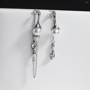 Brincos de bloqueio Lifefontier punk shinestone Pearl Tassel longo para mulheres jóias de gota de metal colorida de prata assimétrica