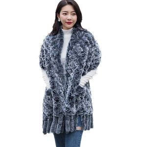 Women Winter Fur Cape Real Rex Rabbit Fur Shawl Wraps Hollow out woven pattern